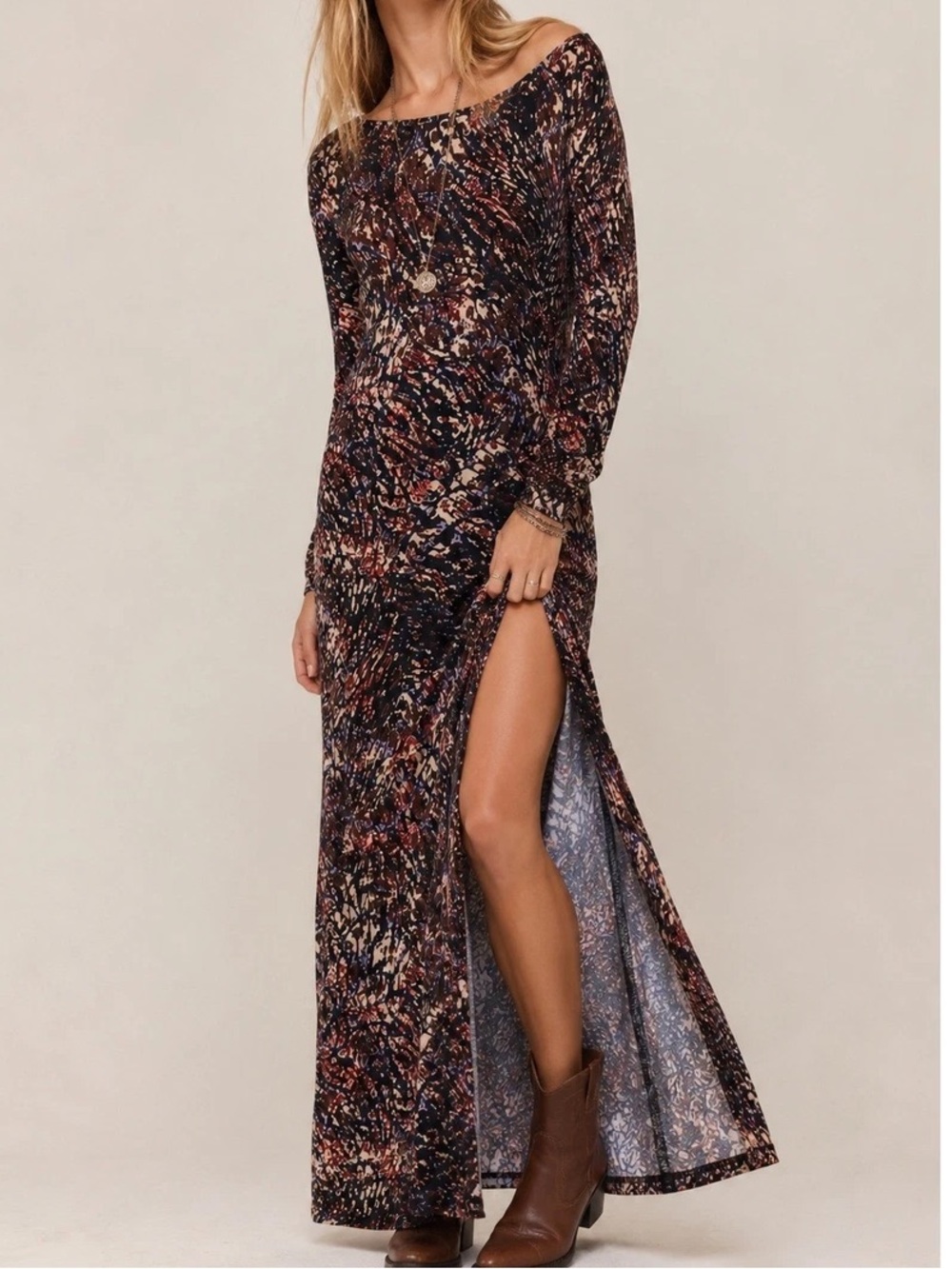 Boho Long Sleeve Floral Maxi Dress with Side Slit - Black/Multi
